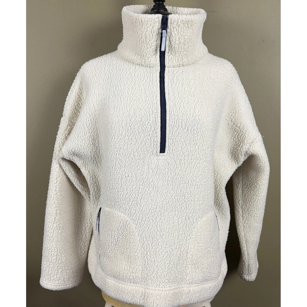 J.Crew Polartec Sherpa Fleece Half-Zip Pullover Jacket Ivory Navy Blue Women's L